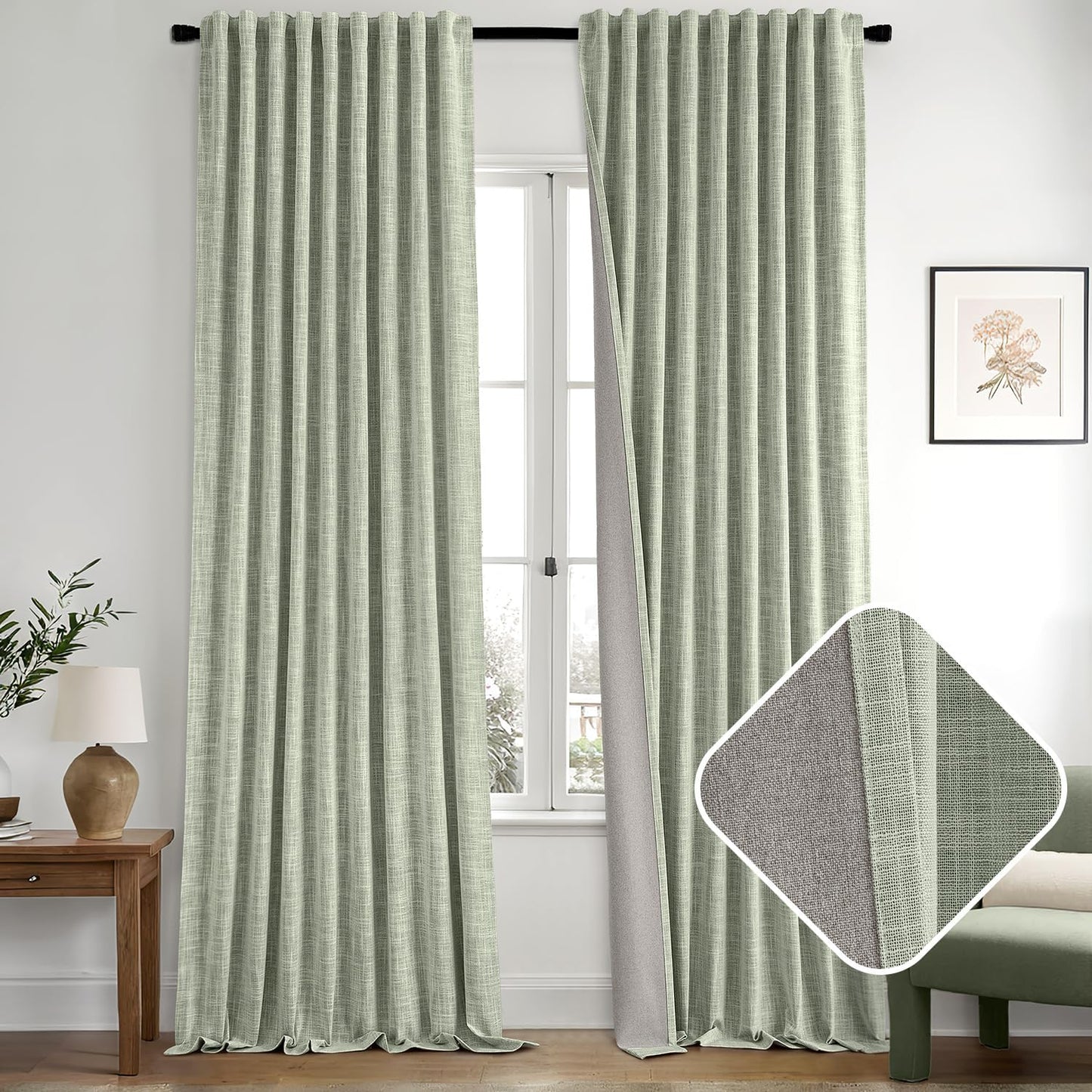 MIULEE Sage Green 100% Blackout Linen Curtains 108 Inch 2 Panels Set Double Sided No Coating