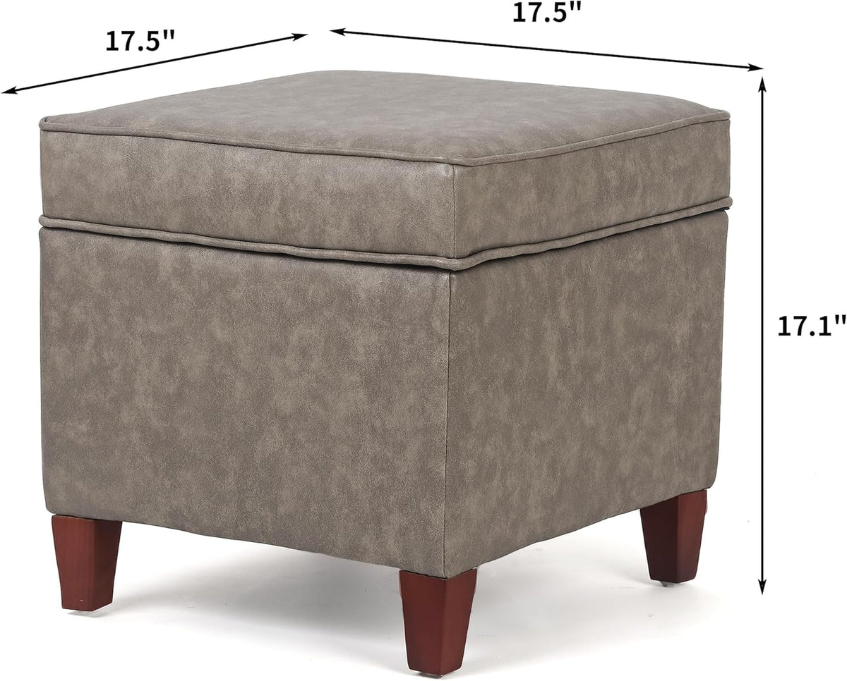Adeco 17.5" Square Faux Leather Ottoman with Storage - Upholstered PU Foot Rest - Flip Top