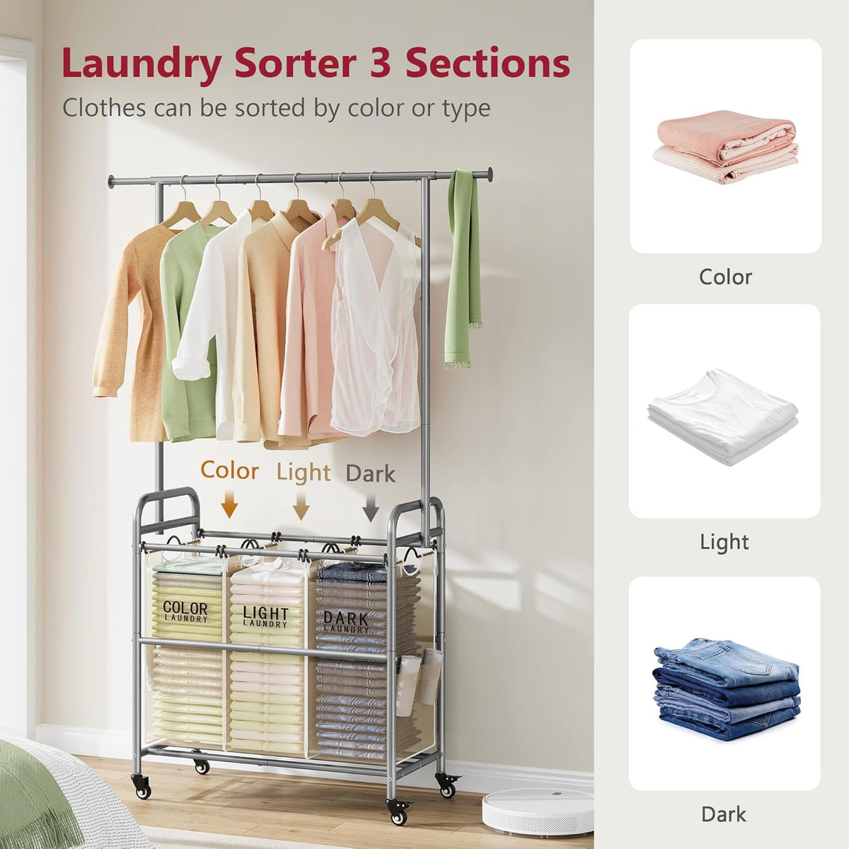 Tajsoon Laundry Hamper with Hanging Rack, 3 Section Laundry Sorter with Heavy Duty Lockable Wheels