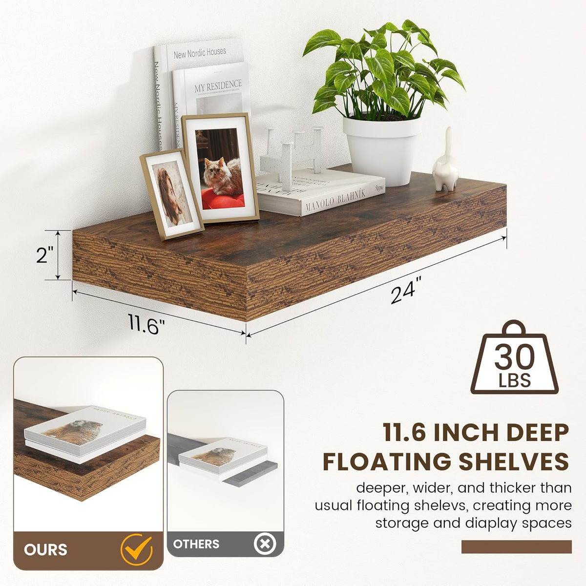 Deep Floating Shelves for Wall | 24 Inch Wide x 12 Inch Deep Floating Shelves | 24W x 12D Rustic