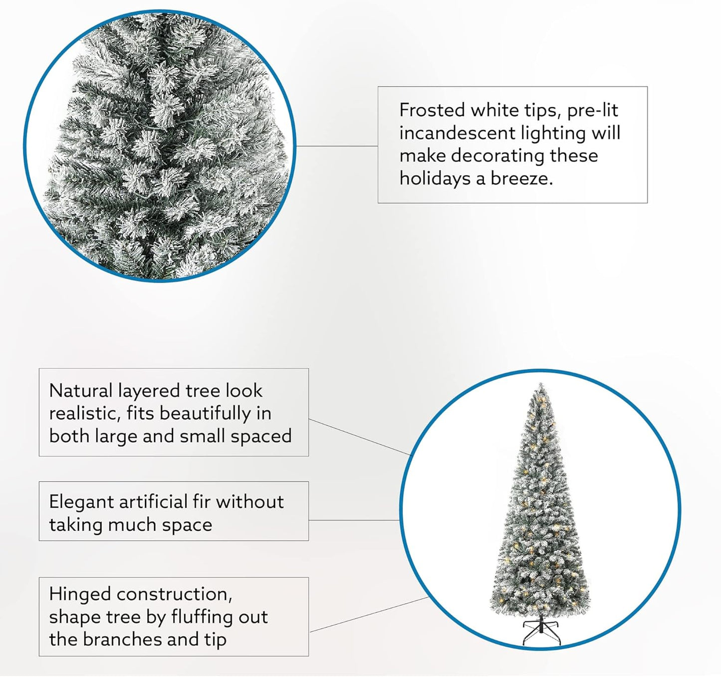 Naomi Home Salzburg 7.5ft Frosted Prelit Slim Artificial Christmas Tree with 1102 Branch Tips, 350