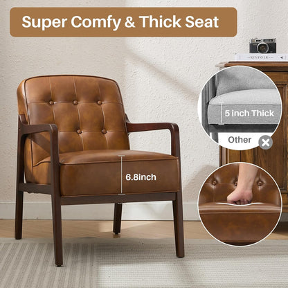 Faux Leather Accent Chair, Mid Century Modern Chair for Living Room, Upholstered Comfy Lounge