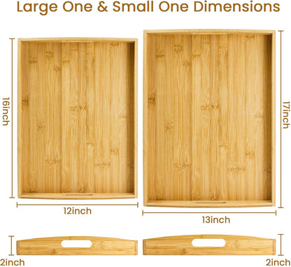 GOLD HONEY Bamboo Serving Tray with Handles Set of 2 - Decorative Wooden Tray for Living Room