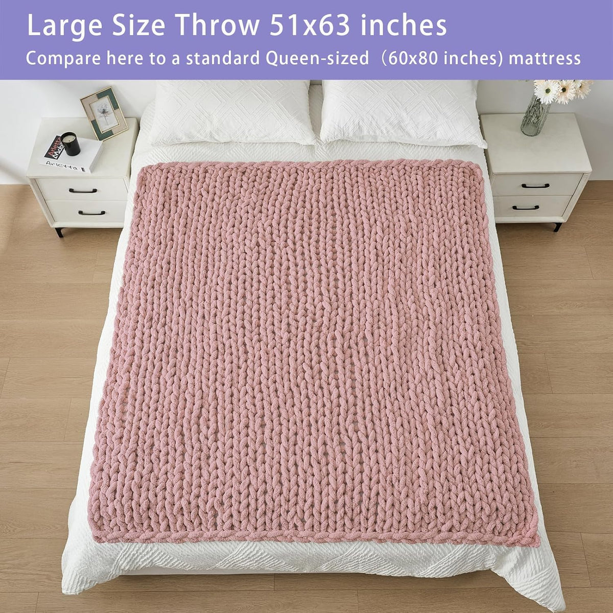 Bigacogo Chunky Knit Throw Blanket for Couch, 51x63 inches, 100% Hand Knitted with Thick Jumbo