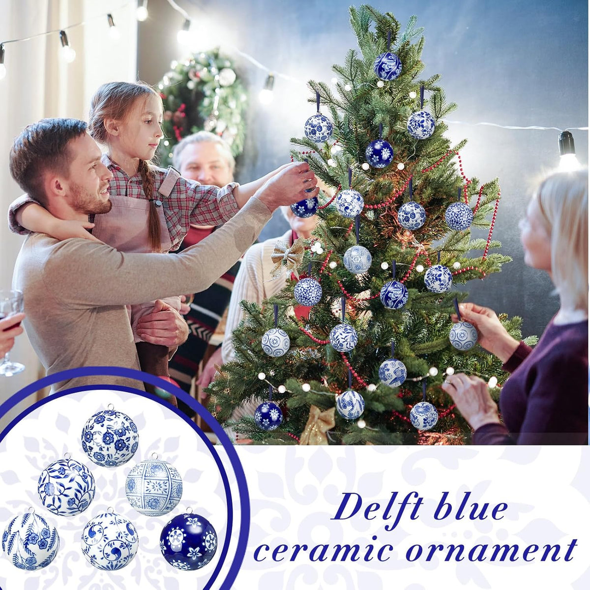 Cindeer 12 Pcs Blue and White Christmas Porcelain Balls 2.4 Inch Porcelain Chinoiserie Ornament