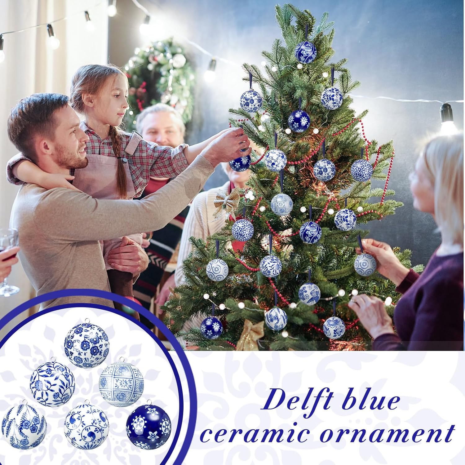 Cindeer 12 Pcs Blue and White Christmas Porcelain Balls 2.4 Inch Porcelain Chinoiserie Ornament