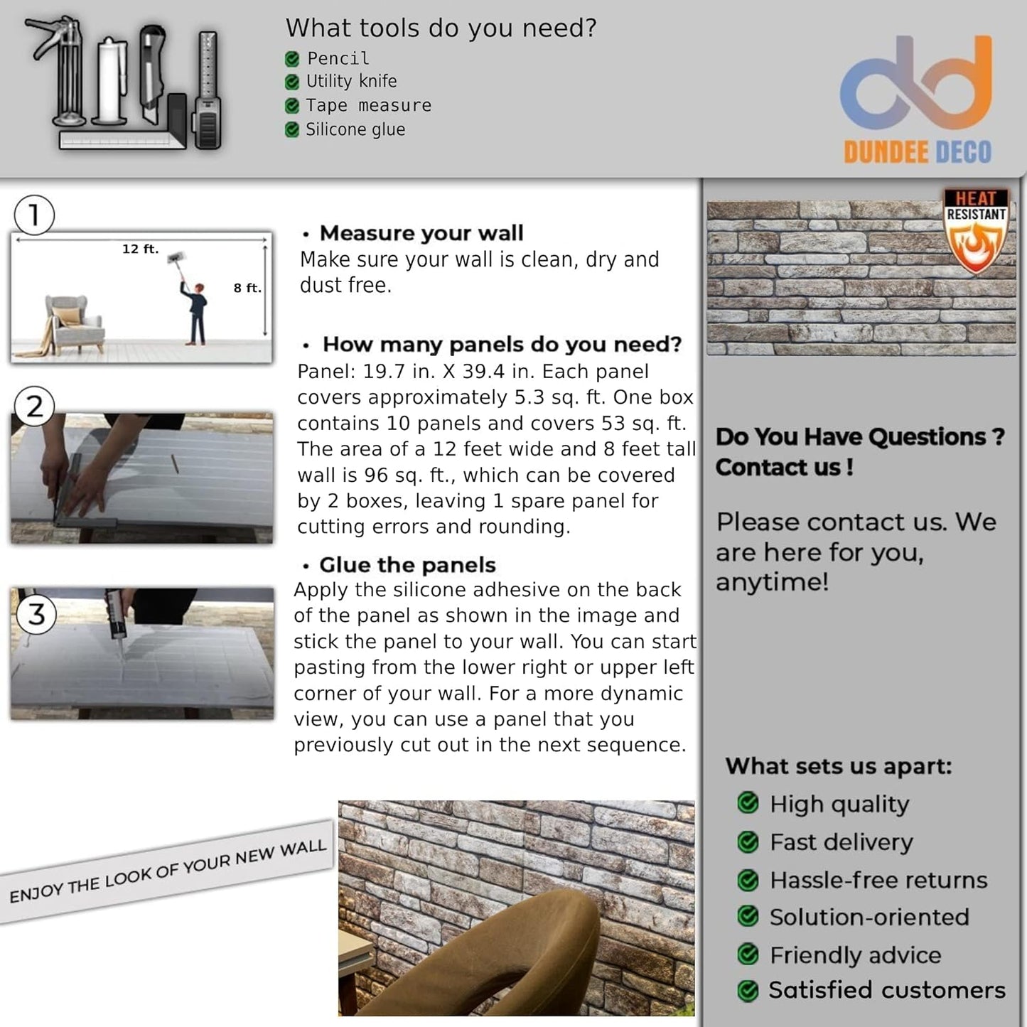 Dundee Deco 3D Wall Panels Faux Brick - Cladding, Light Brown Grey Stone Look Wall Paneling
