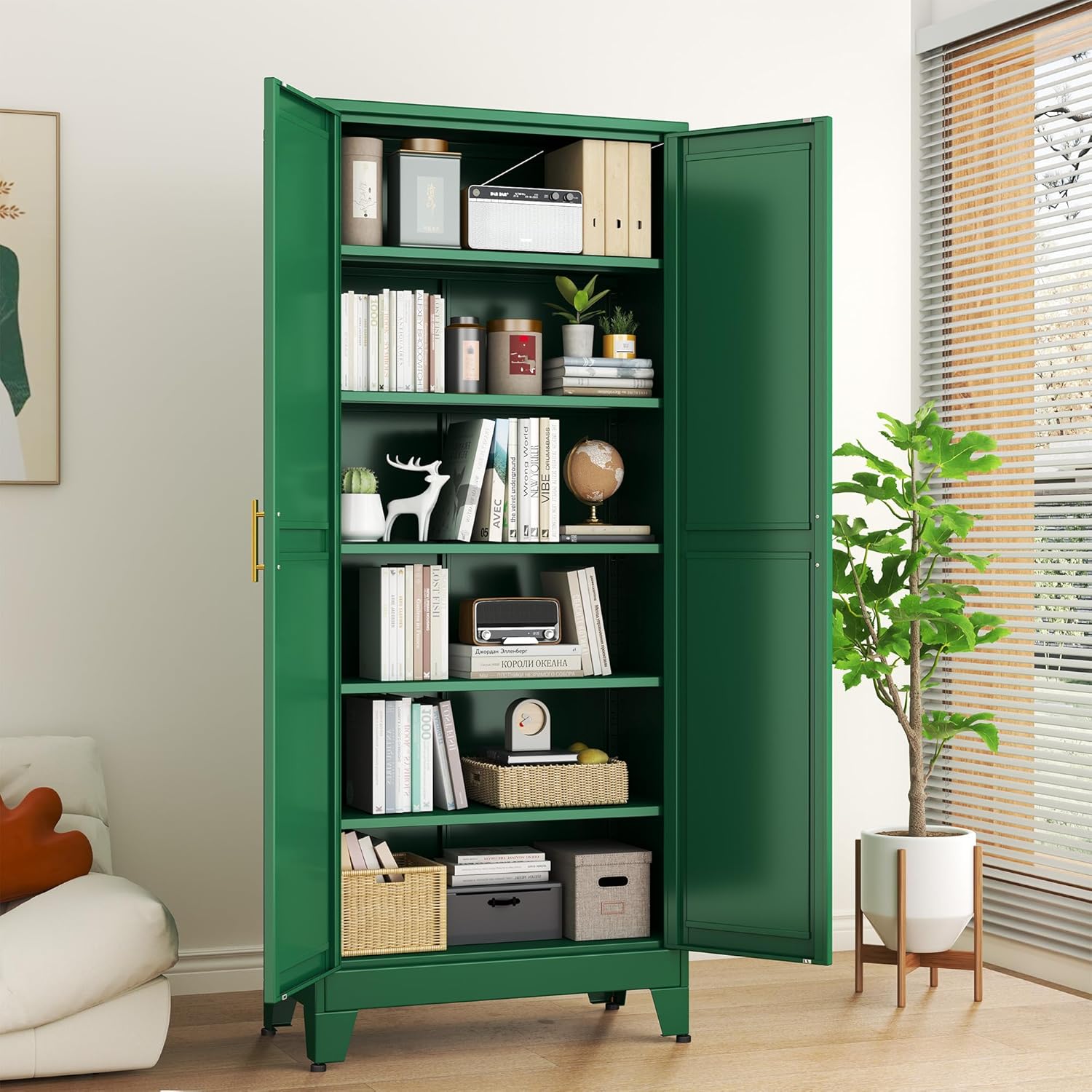 Green Metal Storage Cabinet,75" Steel Cabinets for Home Office, Kitchen Pantry Storage Cabinet with