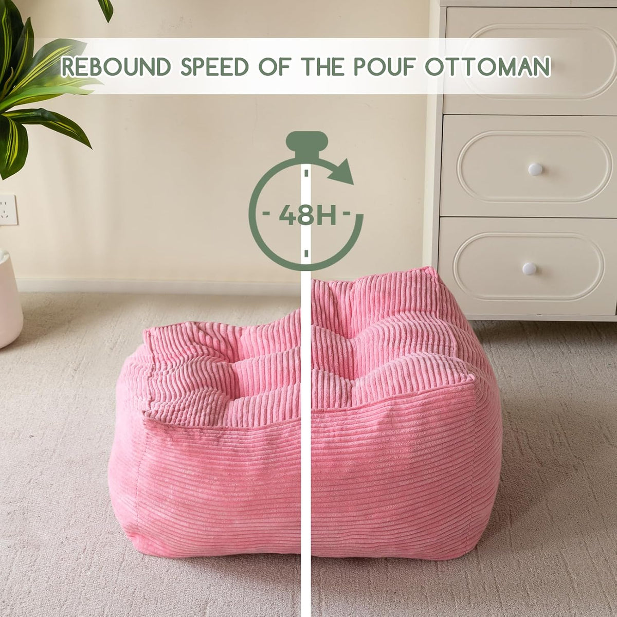 HIGOGOGO Square Stuffed Pouf Ottoman, Corduroy Poufs with Foam Chunk Filling, Furry and Fluffy Pouf