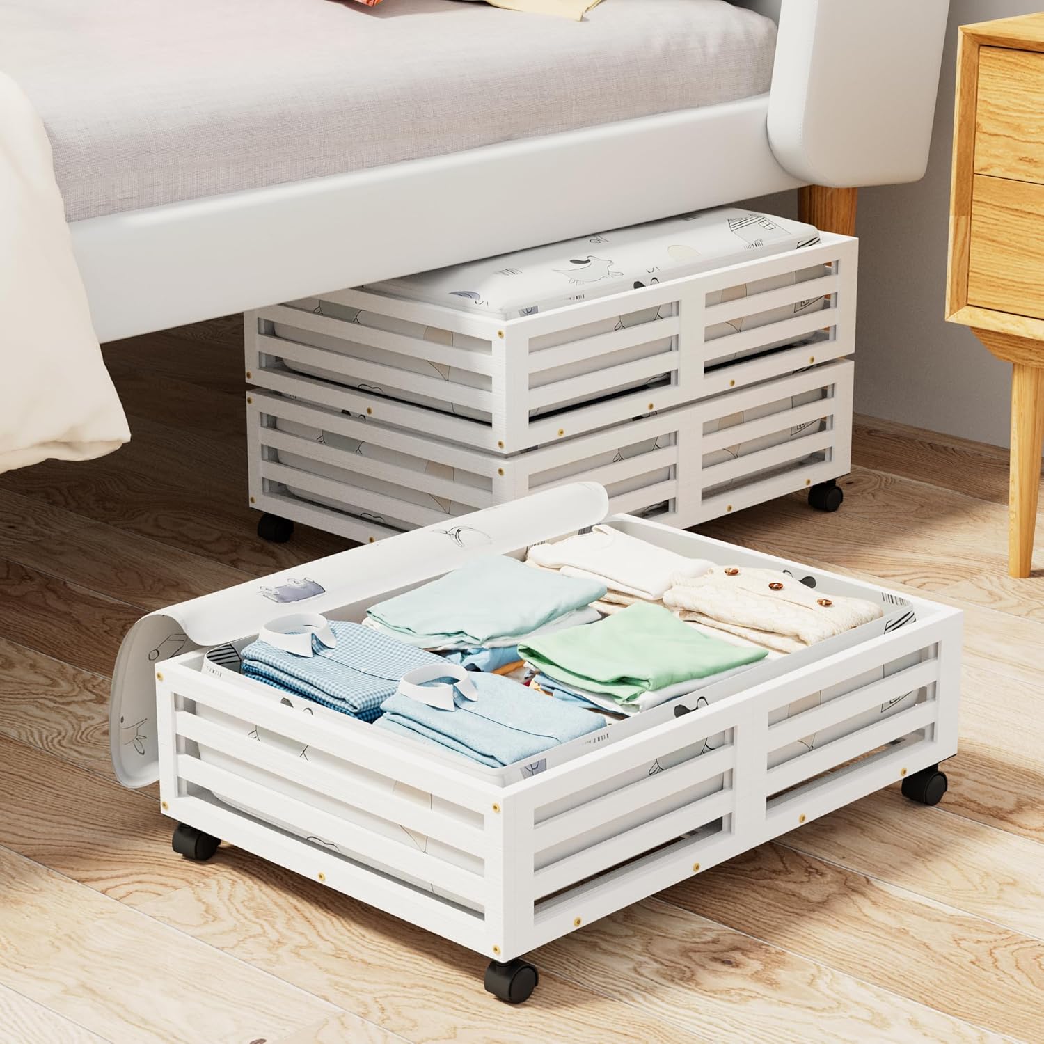Under Bed Storage with Wheels-Large Bamboo Underbed storage Containers with Large Dust Bag