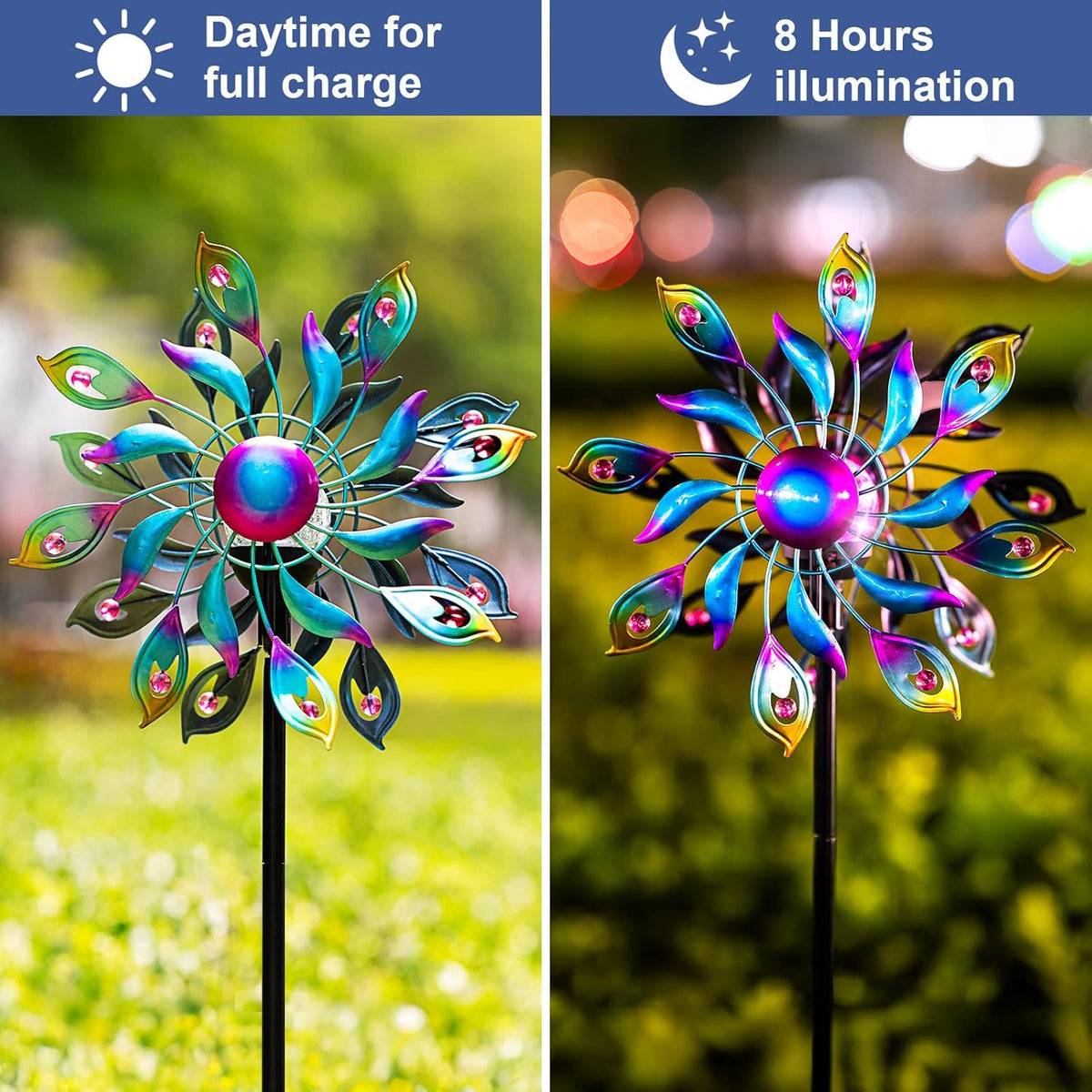 360°Peacock Solar Wind Spinner with Lights Blue Metal Garden Outdoor Decor Yard Lawn Art Decor for