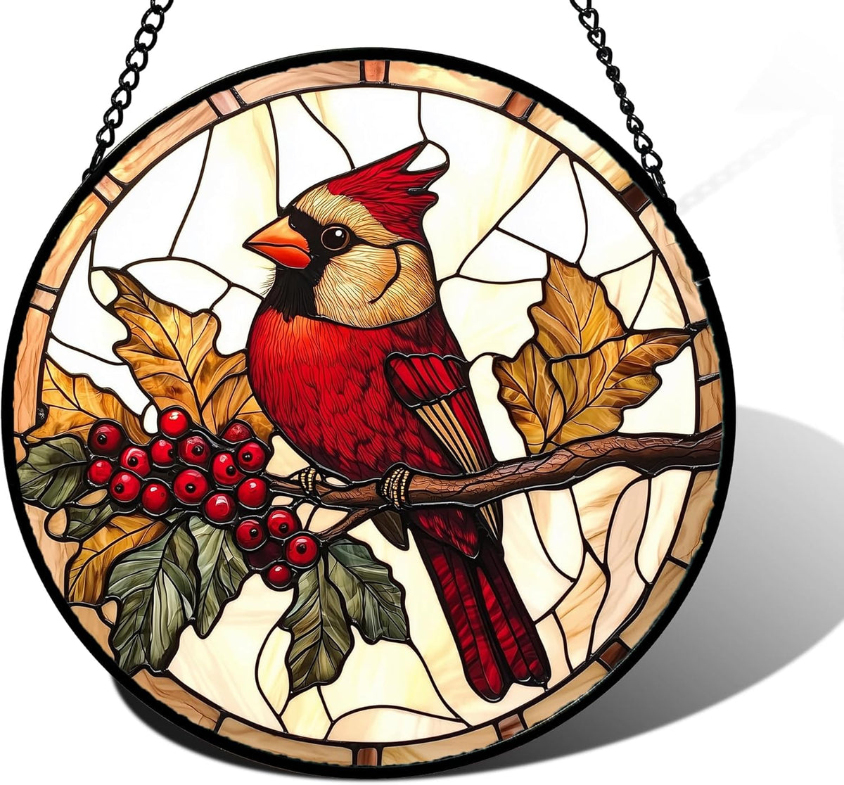 Stained Glass Window Hanging, Birds on a Branch Cardinal Sun Catchers Diamond Glass Panel Hangings