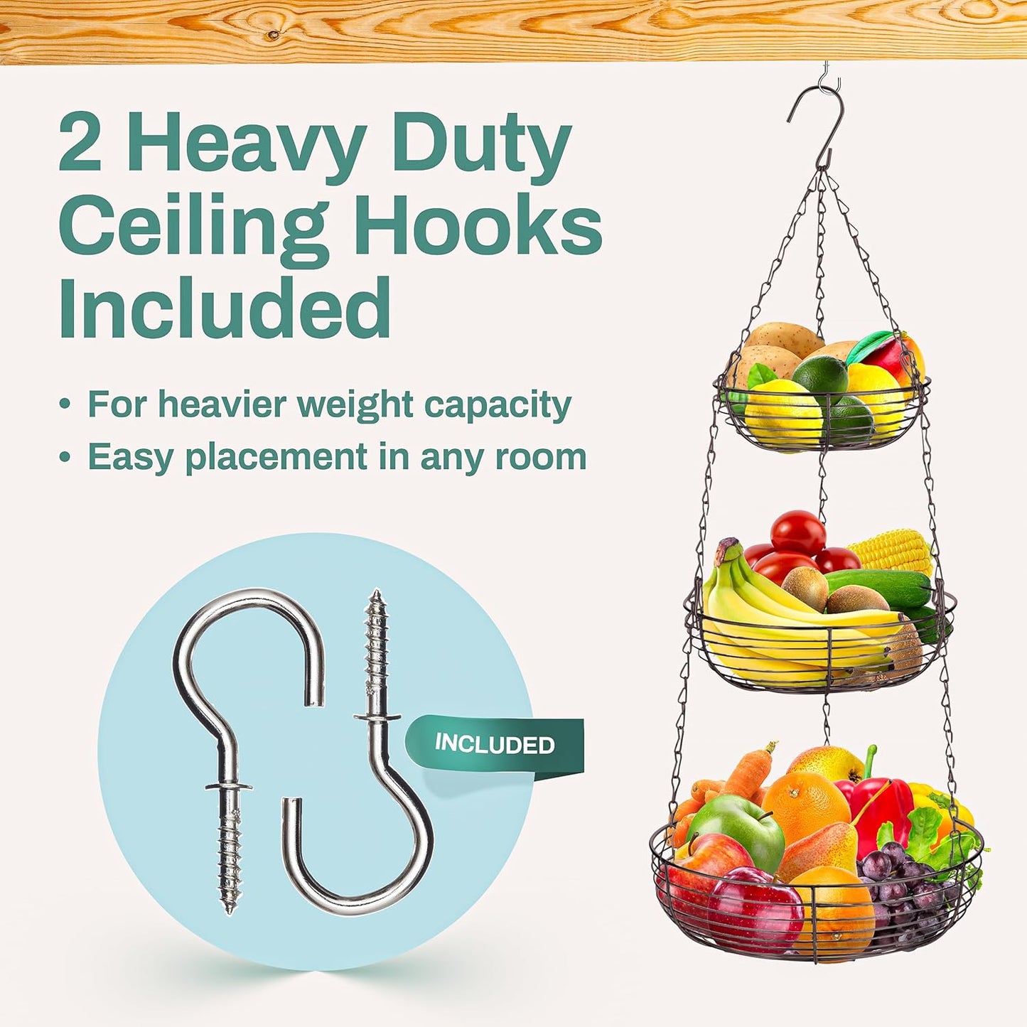 Home Intuition 3-Tier Hanging Fruit Produce Basket Heavy Duty Wire with 2 Metal Ceiling Hooks