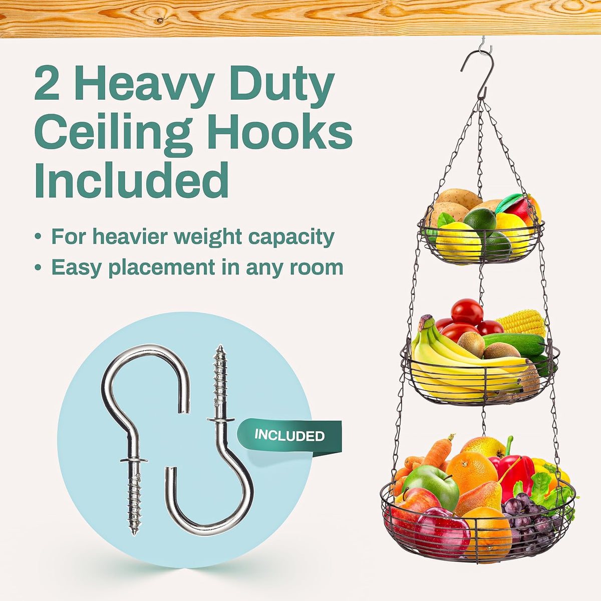 Home Intuition 3-Tier Hanging Fruit Produce Basket Heavy Duty Wire with 2 Metal Ceiling Hooks