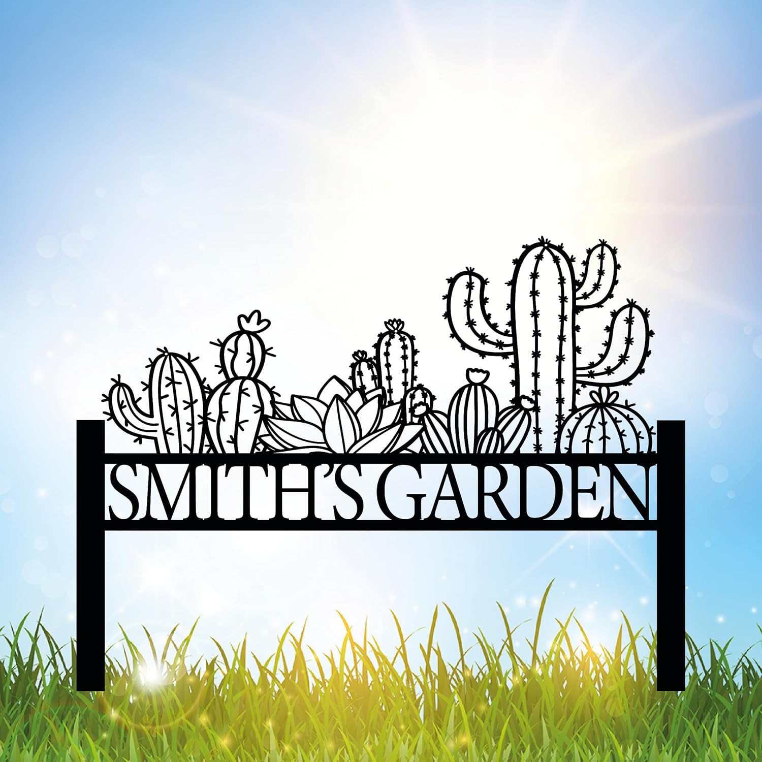 Personalized Cactus Metal Garden Sign, Large Garden Decoration Metal Sign with Stakes, Custom