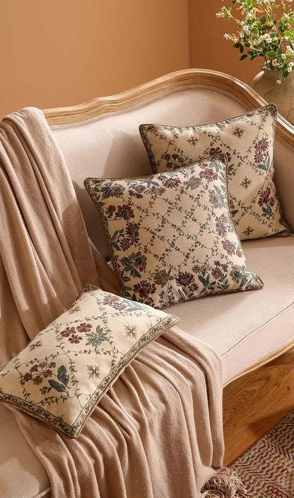 patdrea Designer Throw Pillow Covers Set of 4,Euro Vintage Light Brown Linen with Floral Collection