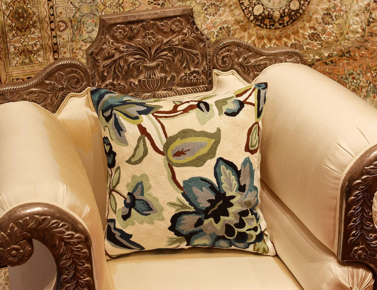 Modern Cream Decorative Floral Pillow Cover Needlepoint White Flower Hand Embroidered Pillowcase