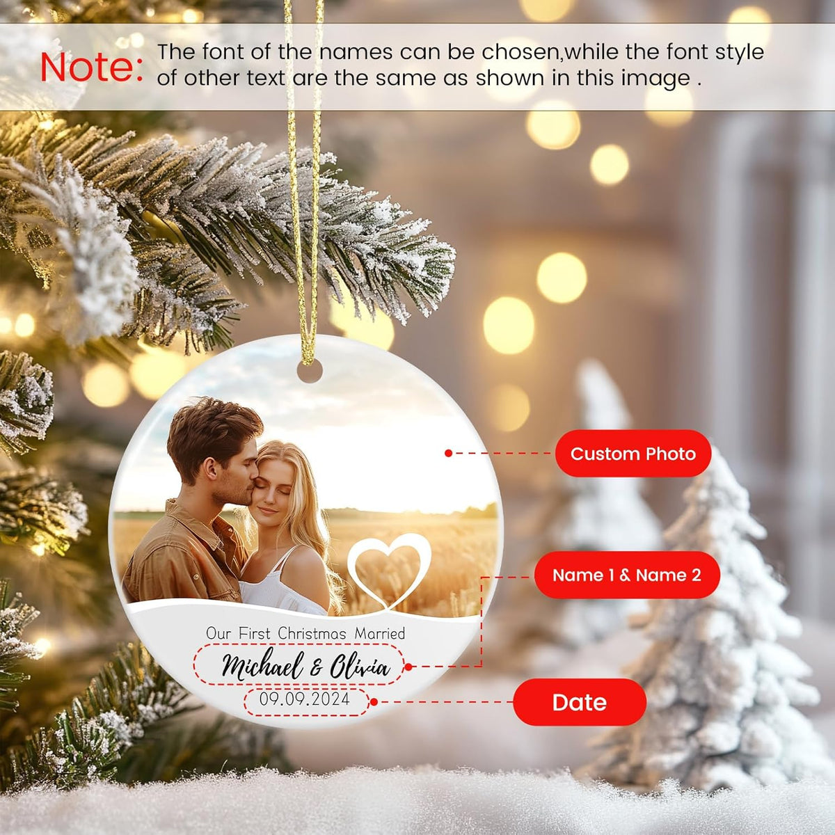 Our First Christmas Married Ornament, Personalized Photo Christmas Ornament 2025 for Newlyweds