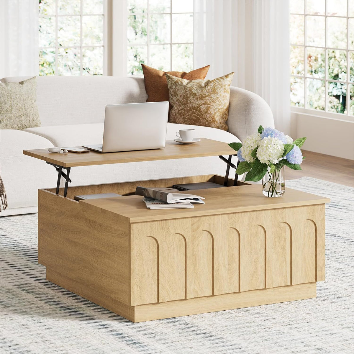 Lift Top Coffee Table with Storage, Modern Coffee Table with Arched Design, 31.5" Square Tea Table