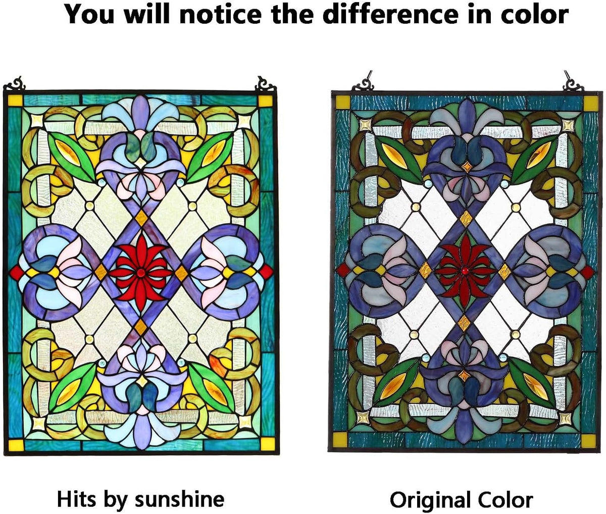Bieye W10028 Victorian Tiffany Style Stained Glass Window Panel with Chain, Rectangular Shape, 18"