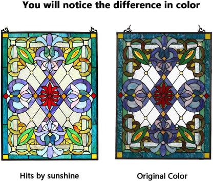 Bieye W10028 Victorian Tiffany Style Stained Glass Window Panel with Chain, Rectangular Shape, 18"