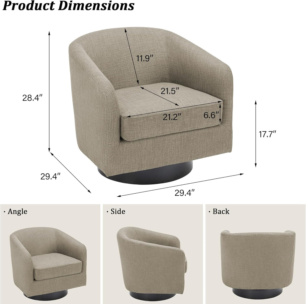 Swivel Barrel Accent Chair, Modern Round Linen Arm Chair for Living Room, Bedroom, Comfy Club