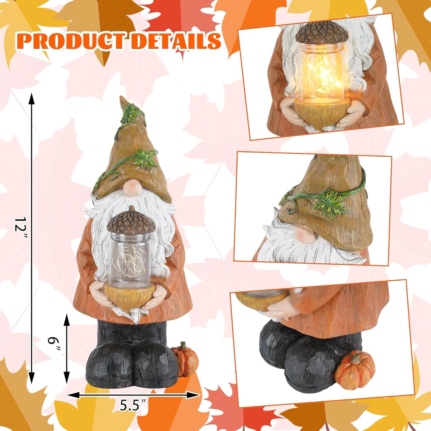 Topadorn Fall Garden Gnome Statue Light, Autumn Harvest Gnome Figurine with Pine Cone on Hand for