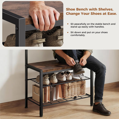 DUMOS 5-in-1 Hall Tree with Coat Rack and Shoe Bench, Industrial Entryway Storage Organizer with