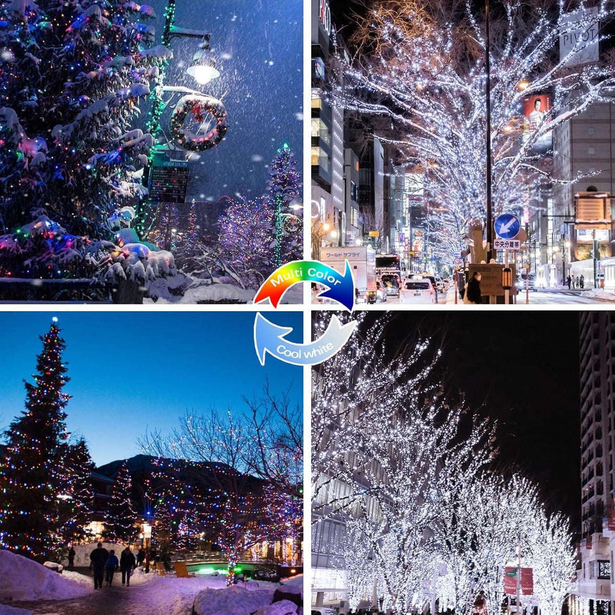 (Cool White ⇋ Multicolor) Solar Christmas String Lights Outdoor, 2-Pack 80FT 200 LED Waterproof