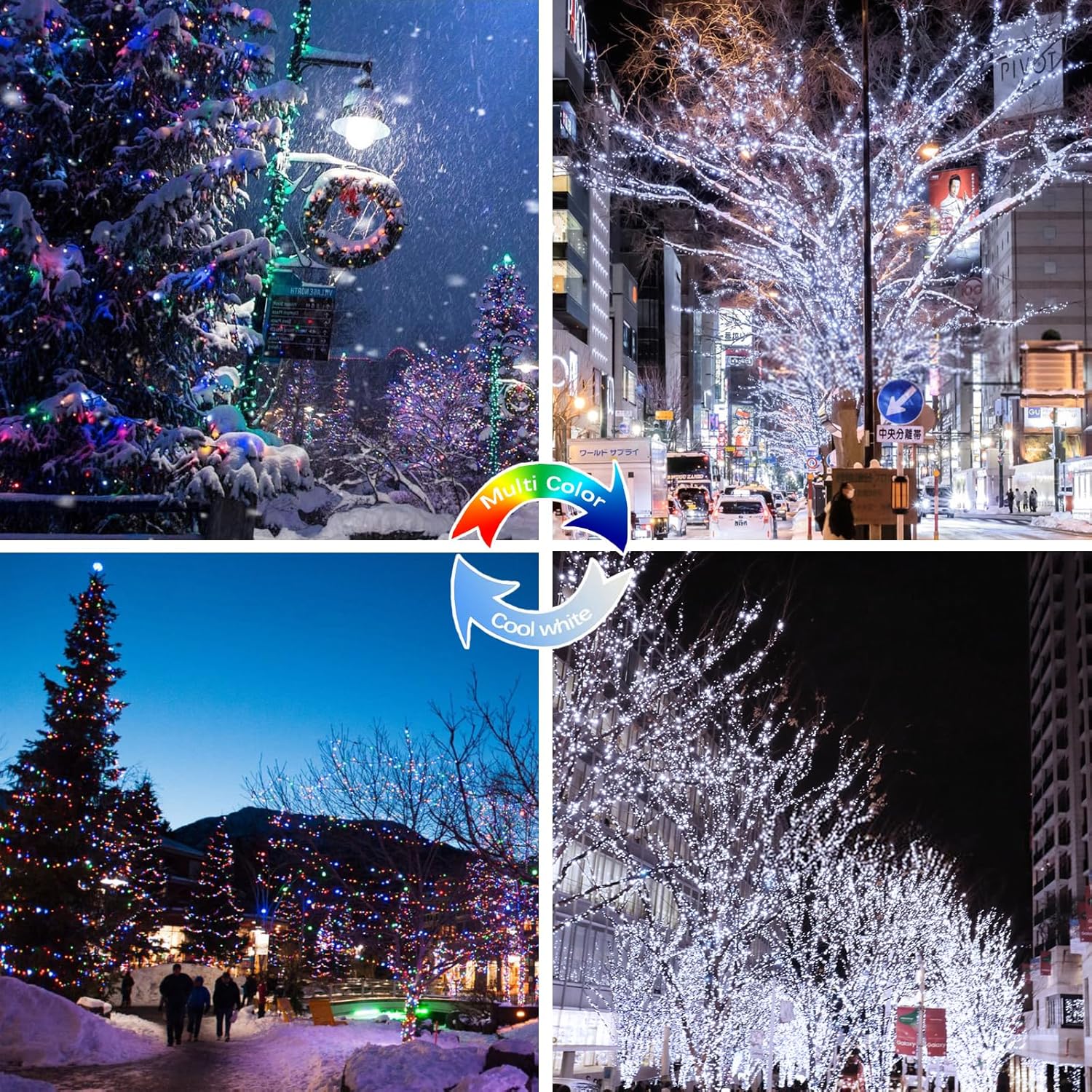 (Cool White ⇋ Multicolor) Solar Christmas String Lights Outdoor, 2-Pack 80FT 200 LED Waterproof