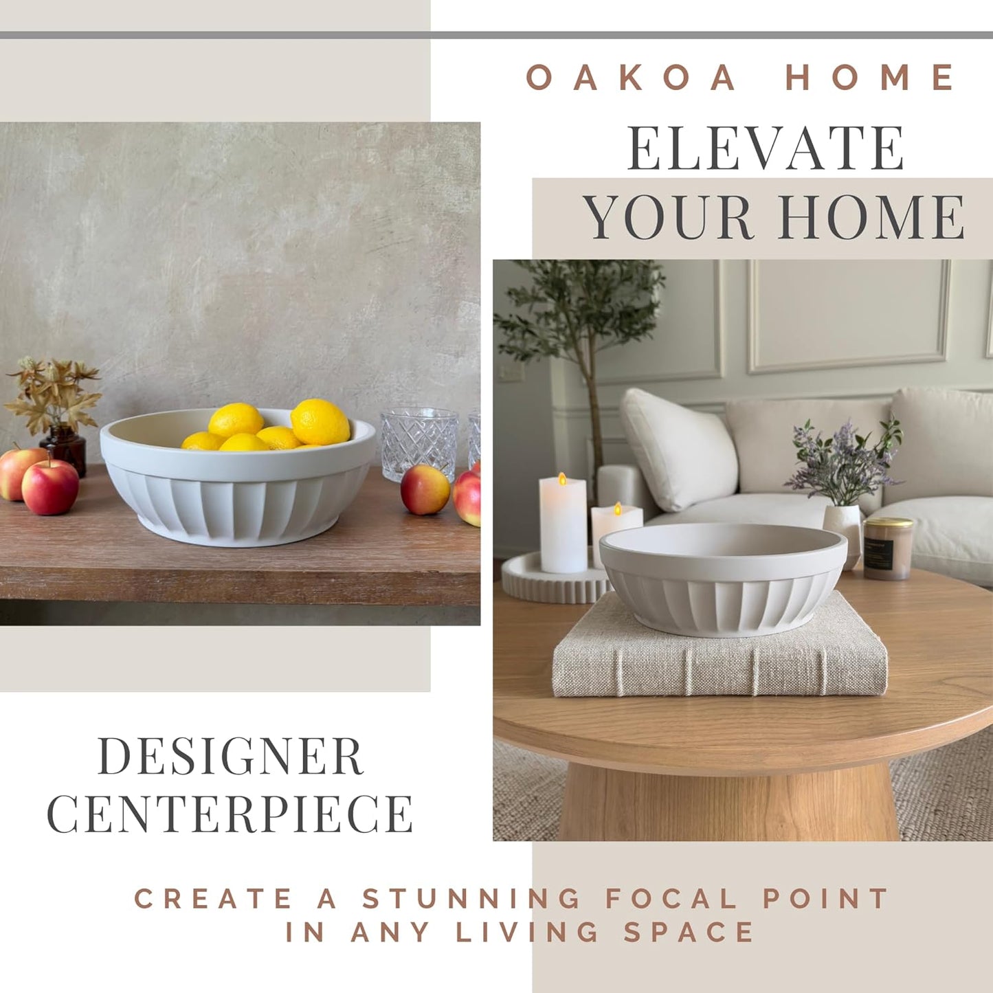 OAKOA Decorative Fruit Bowl for Kitchen Counter - Large Decorative Bowl for Home Decor - Concrete