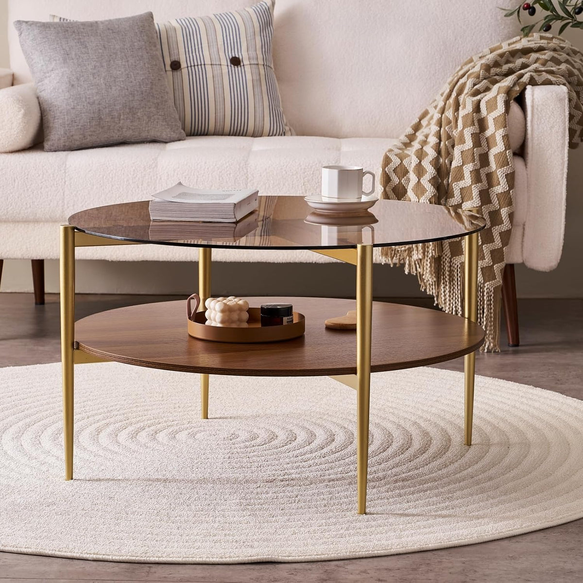 Round Coffee Table, Mid-Century Modern Design, D30 x H17, for Living Room, 2-Tier Structure, Amber