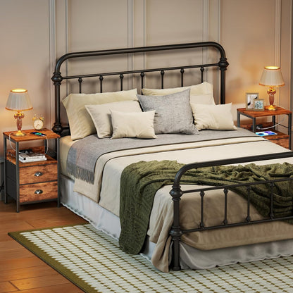 Furologee Nightstand Set of 2, Rustic Brown, with Charging Station and USB Ports, Side Tables with