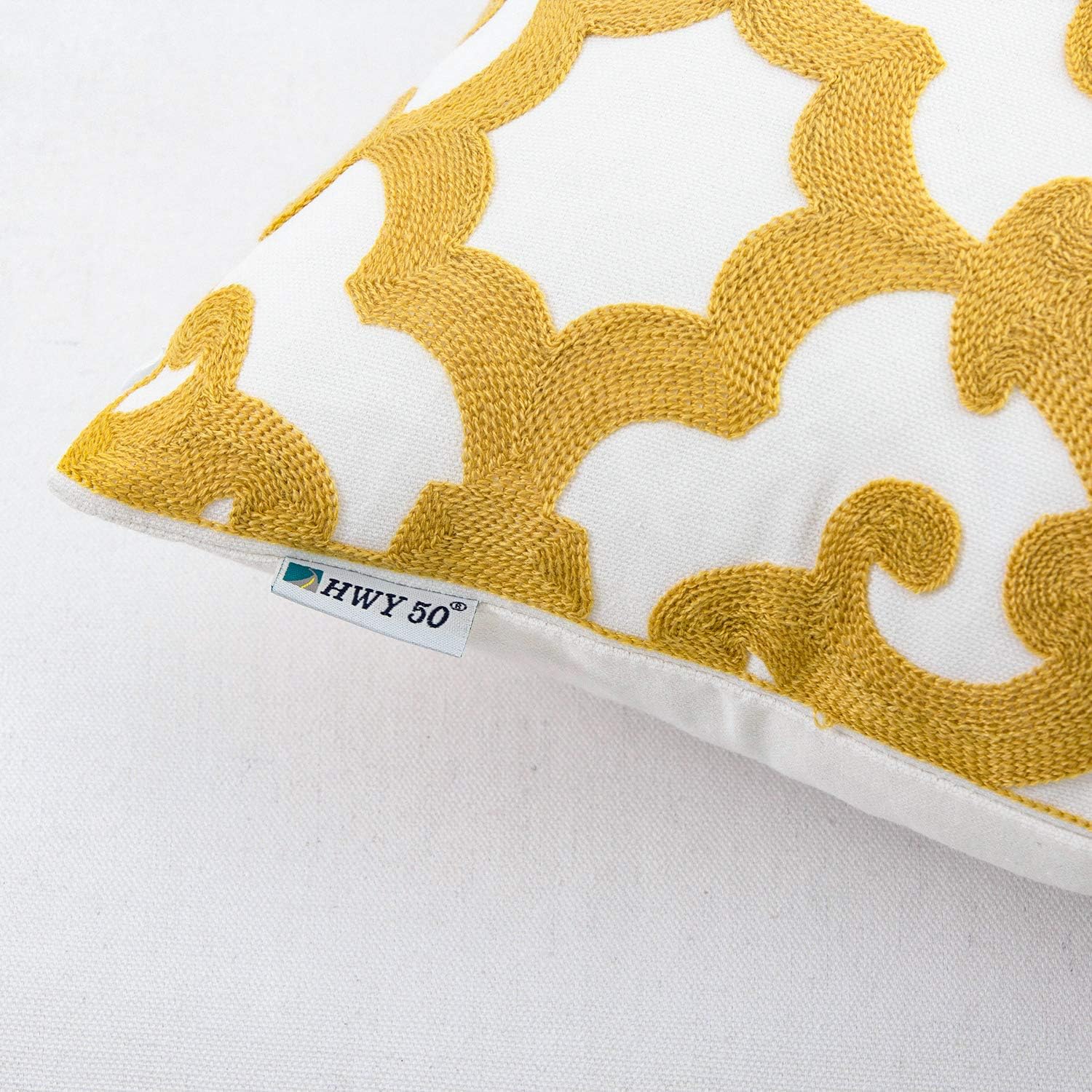 HWY 50 Mustard Yellow Decorative Throw Pillow Covers 18x18 Inch (1 Piece), Embroidered Cotton