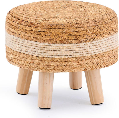 Handwoven Round Ottoman, Natural Water Hyacinth Outdoor Patio Pouf Seagrass Low Stool with Wood