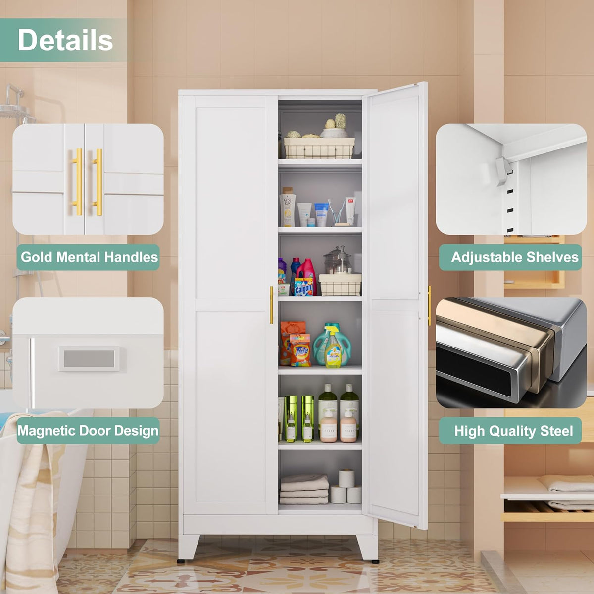 Metal Pantry Cabinet with 2 Doors and 5 Adjustable Shelves, 75" Kitchen Storage cabinets with Gold