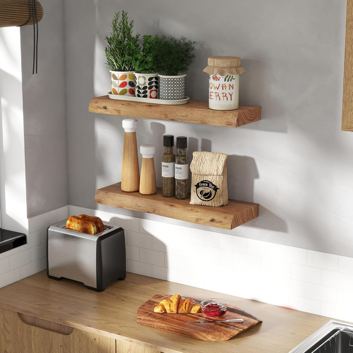 24" Floating Shelves, Live Edge Solid Elm Wood Floating Shelf, Wall Mounted Display Shelves with