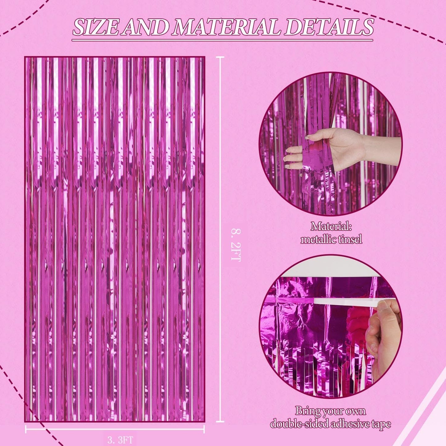 3 Pack Foil Fringe Backdrop - Hot Pink Shiny Tinsel Curtains for Party Decoration/Photo Booth Props
