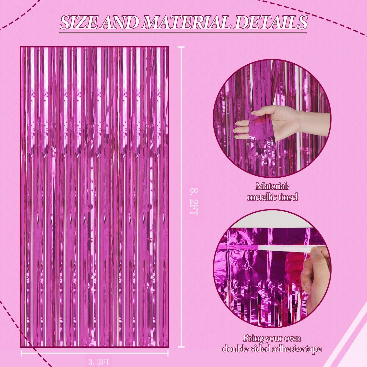 3 Pack Foil Fringe Backdrop - Hot Pink Shiny Tinsel Curtains for Party Decoration/Photo Booth Props