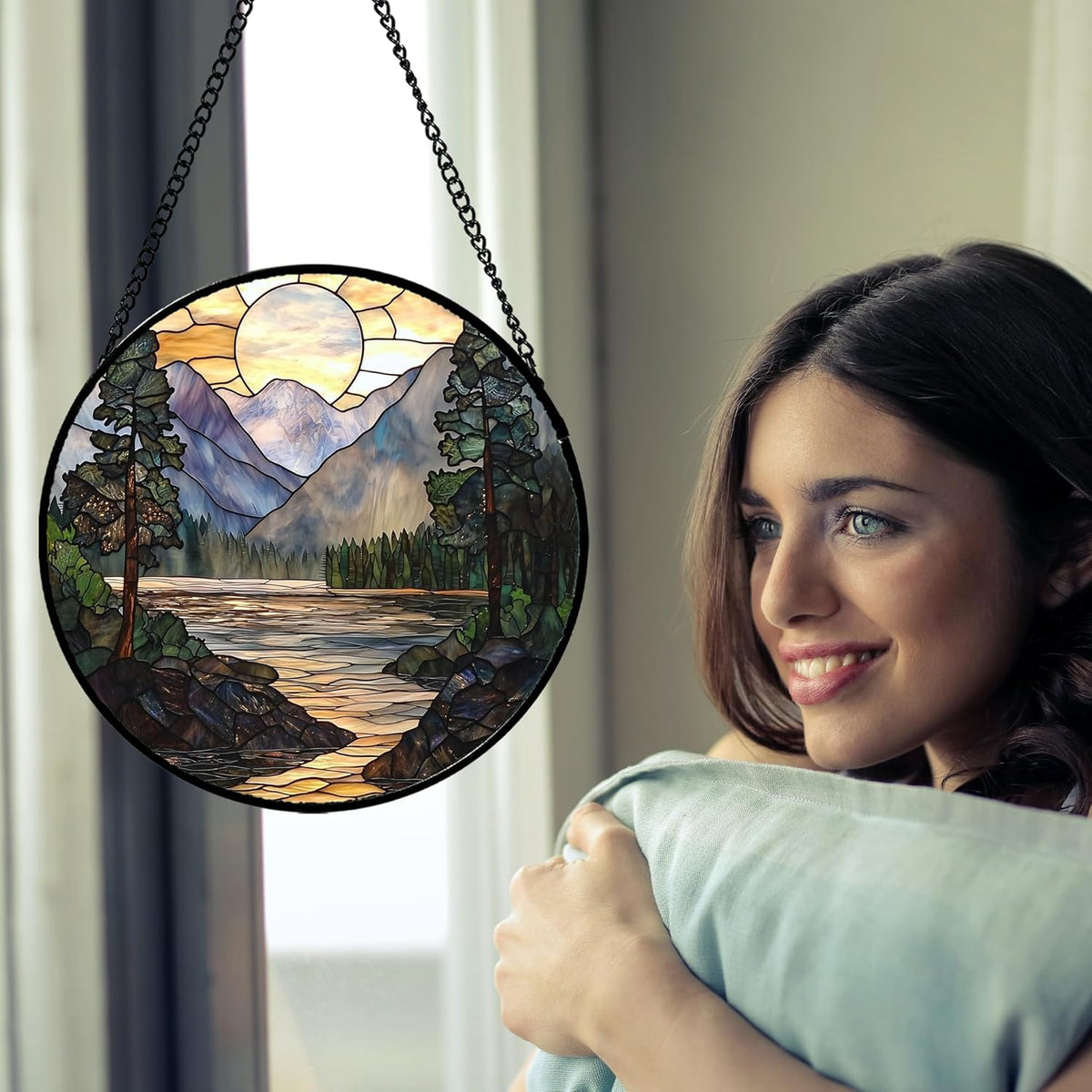 Stained Glass Window Hanging, Sunset Mountains Lake Tree Sun Catcher for Window Home Decor