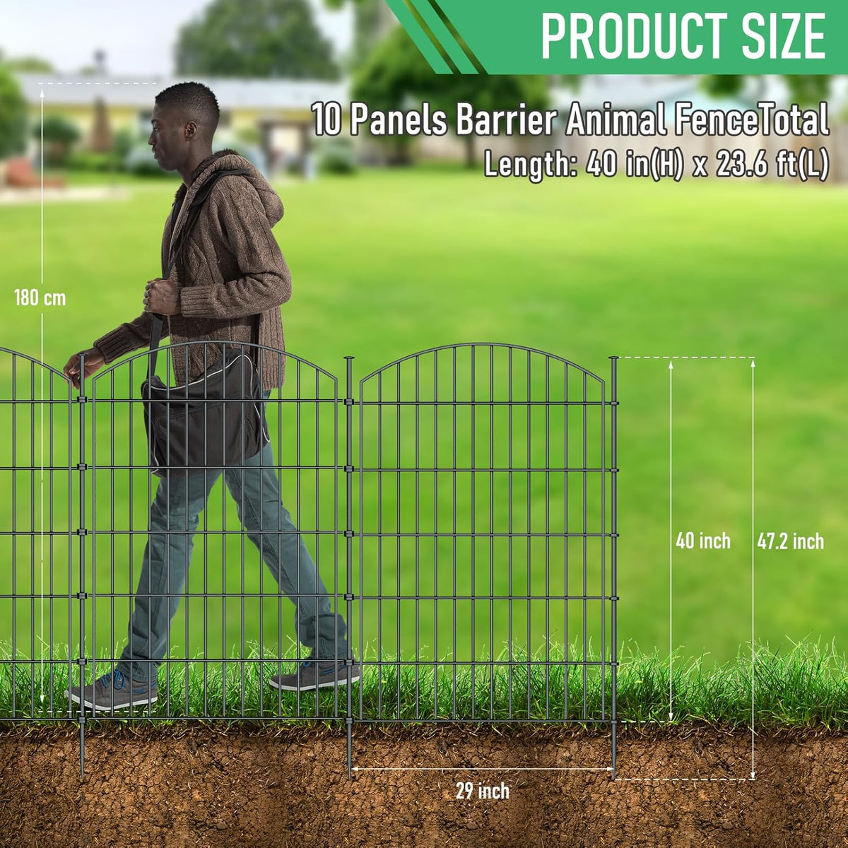 10 Panels Garden Fence Dog Fence Outdoor for Yard, 40in H x 23.6ft L Rustproof Metal Fencing with