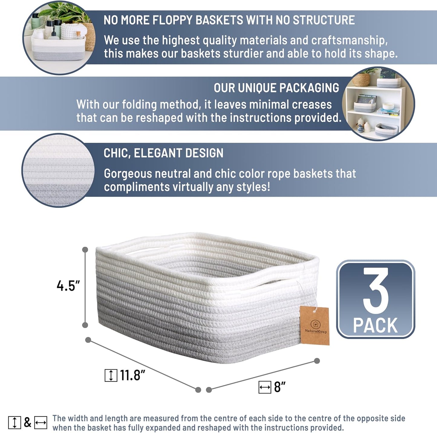 NaturalCozy 11.8"x8"x4.5” Rectangle Storage Baskets for Shelves 3 Pack | Cotton Rope Woven Small