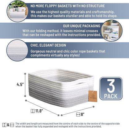 NaturalCozy 11.8"x8"x4.5” Rectangle Storage Baskets for Shelves 3 Pack | Cotton Rope Woven Small
