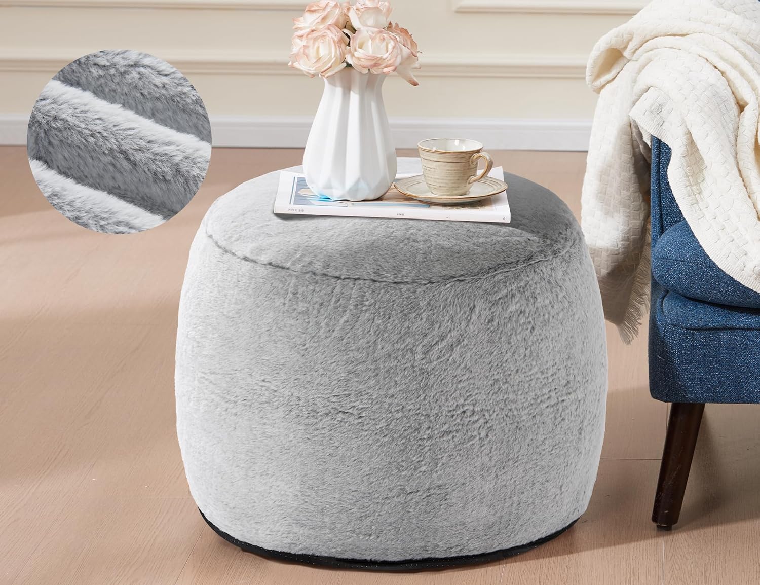 Boho Ottoman Living Room Furniture 20"x15" Large Round Ottomans Pouf Couch Foot Rest Grey Pouf