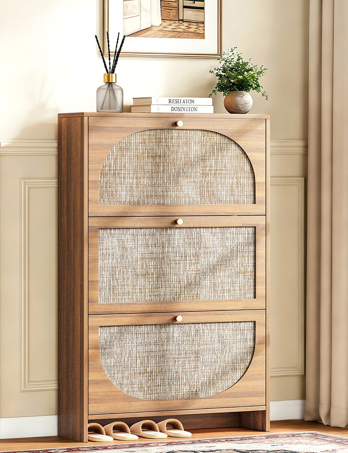 Nicetree Rattan Arched Accent Shoe Storage Cabinet - Freestanding Ultra Slim for Entryway, 3 Flip