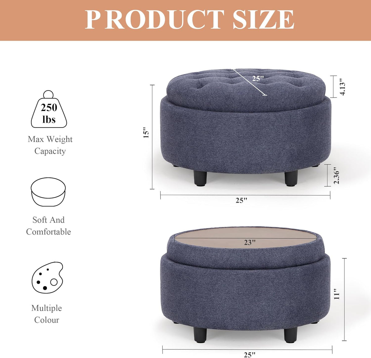 COLAMY Fabric Round Storage Ottoman with Reversible Tray Lid – Multi-Functional Footrest, Hidden