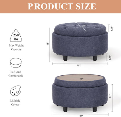 COLAMY Fabric Round Storage Ottoman with Reversible Tray Lid – Multi-Functional Footrest, Hidden
