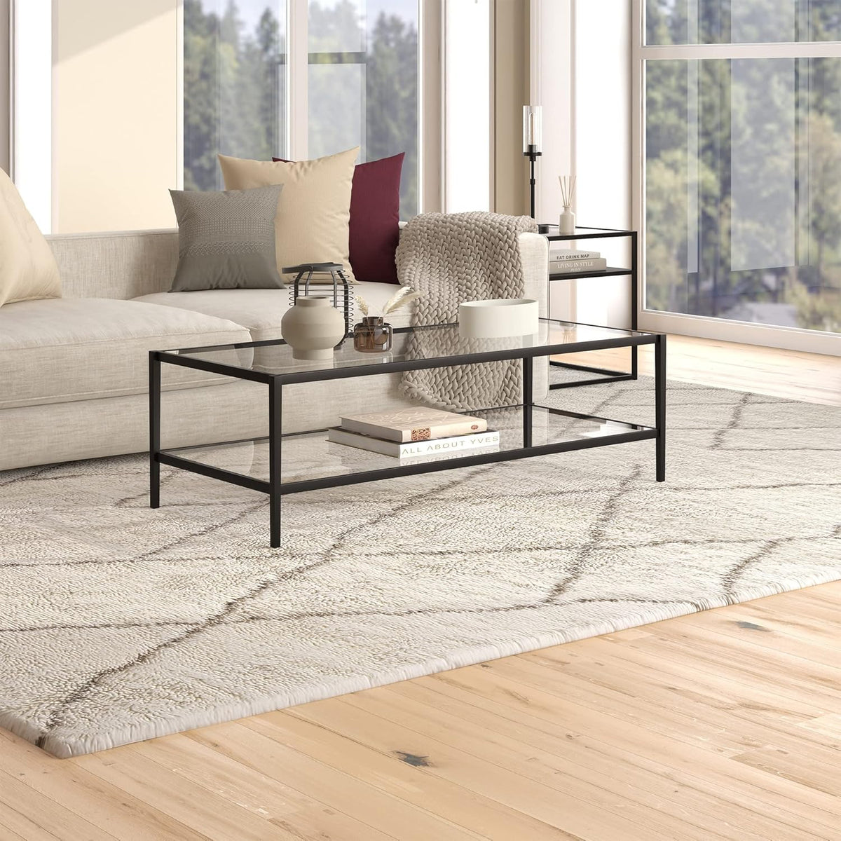 Henn&Hart 54" Wide Rectangular Coffee Table with Glass Shelf in Blackened Bronze, Modern coffee