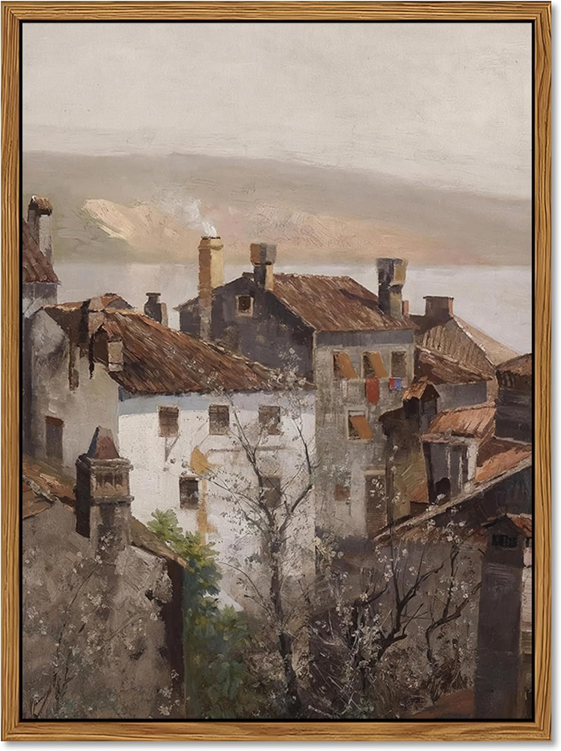 Floating Framed Vintage Canvas Wall Art, European Country Towns Wall Decor Oil Paintings Artwork