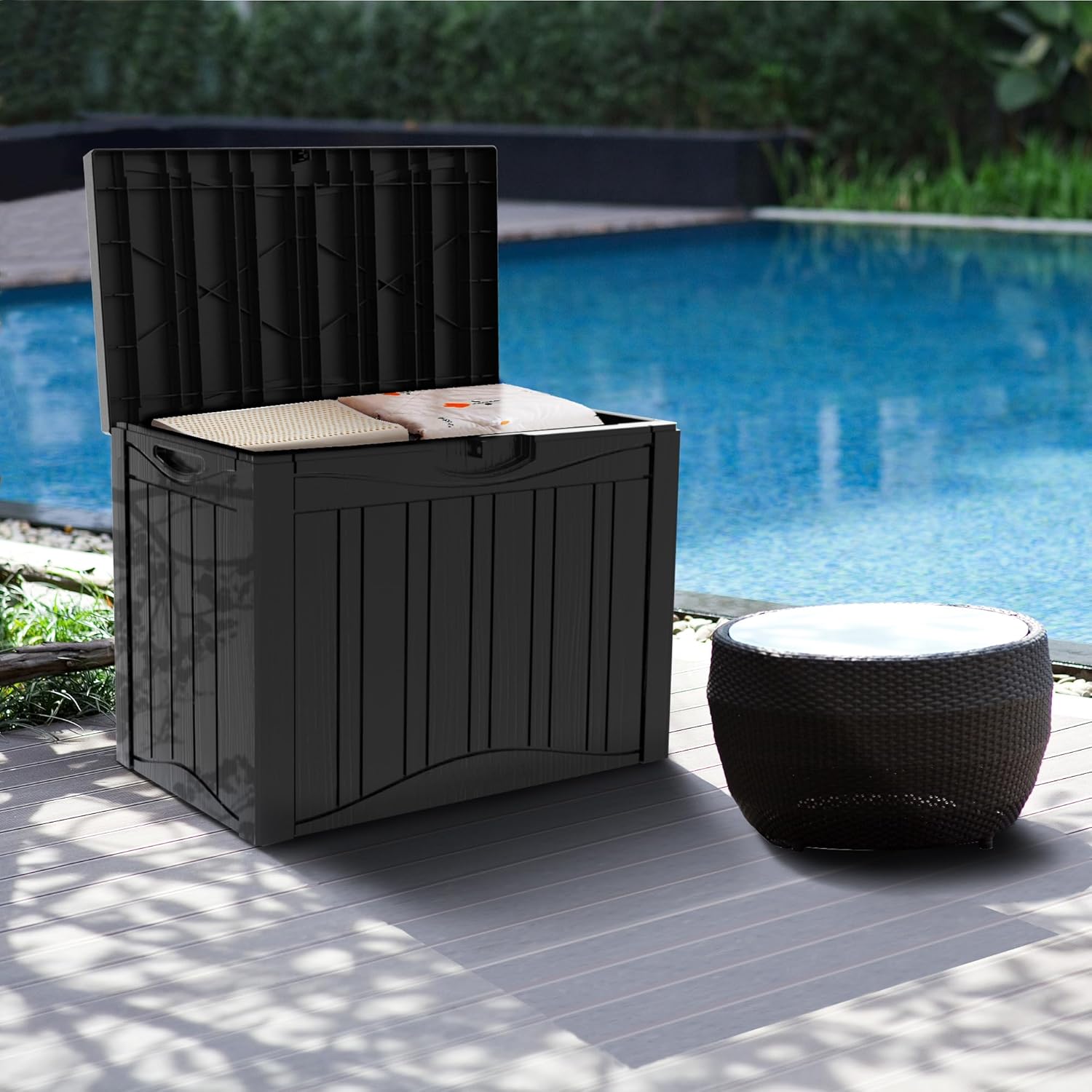 45 Gallon Resin Deck Box, Waterproof Outdoor Storage Bin for Patio, Poolside, and Garden, Lockable